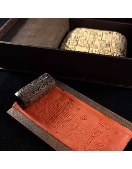 Sumerian writing set including a cylinder seal and a cuneiform writing tablet